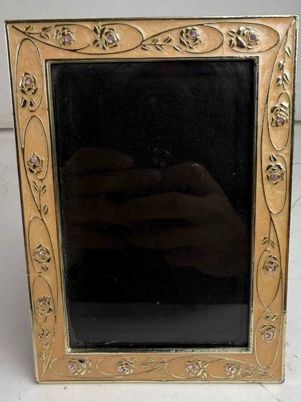 Vintage Gold Tone Floral Picture Frame w/ Pink Rhinestones 7" x 5" Photo Frame